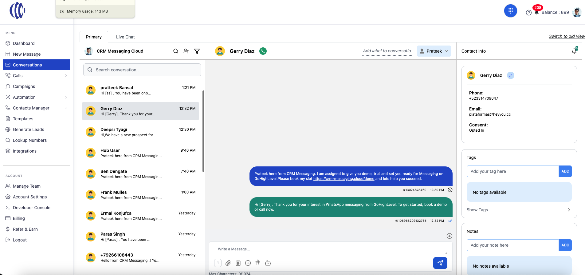 CRM Messaging screenshot: Send & Receive Messages from SMS, Whatsapp and send emails Make Calls and more
