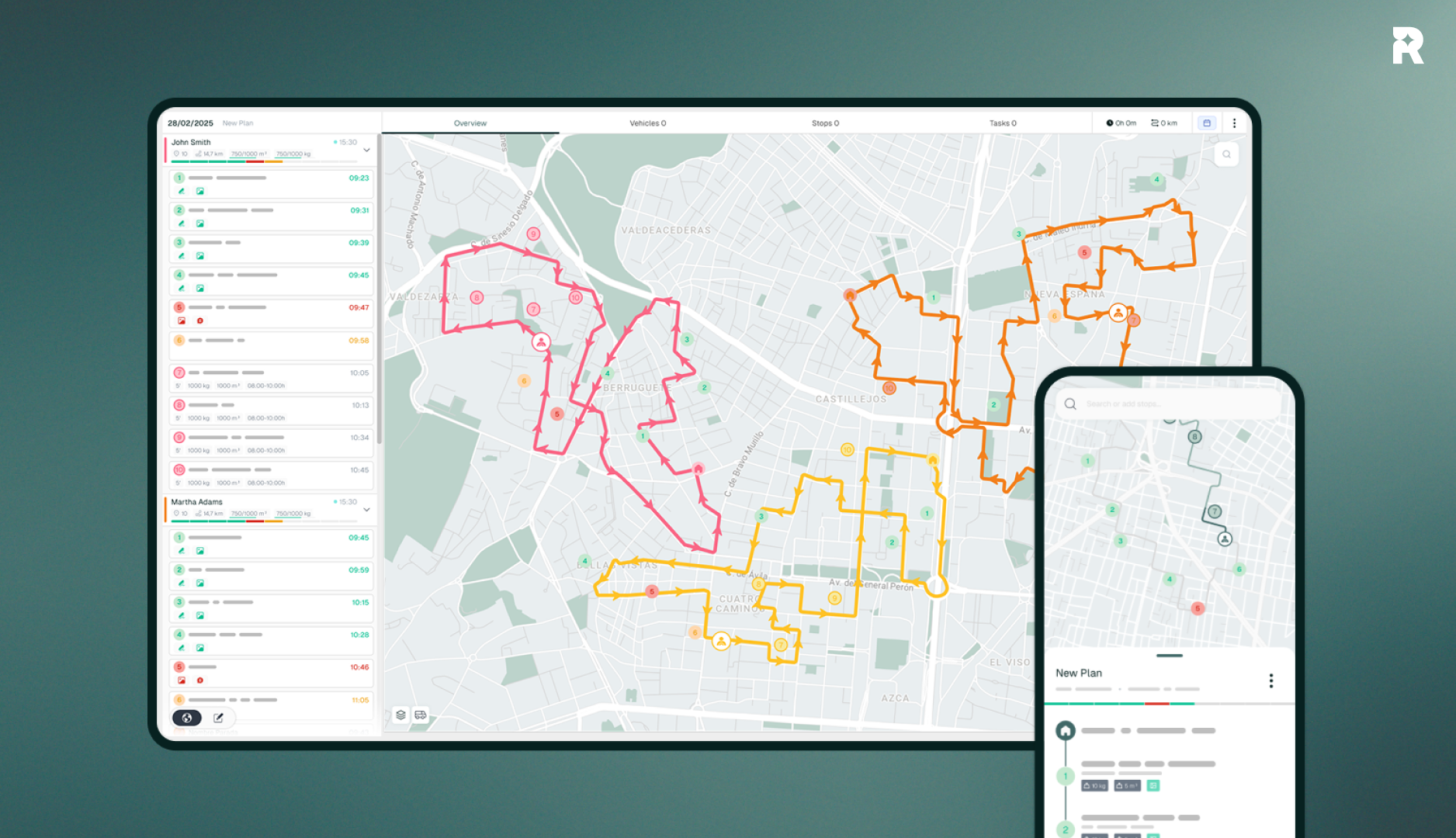 Routal screenshot: Connect your logistics operations in a single ecosystem. Routes planned on the dashboard sync instantly to the driver's mobile app, ensuring everyone has the latest data and enabling live fleet tracking.