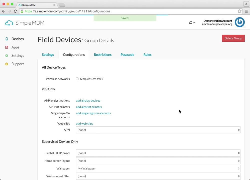SimpleMDM Software - Configure advanced policies for devices or groups of devices to comply with