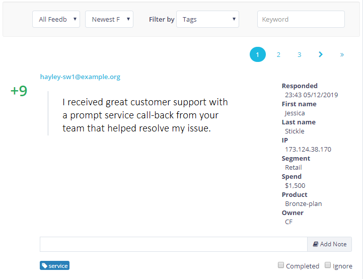 Sightmill customer feedback score screenshot