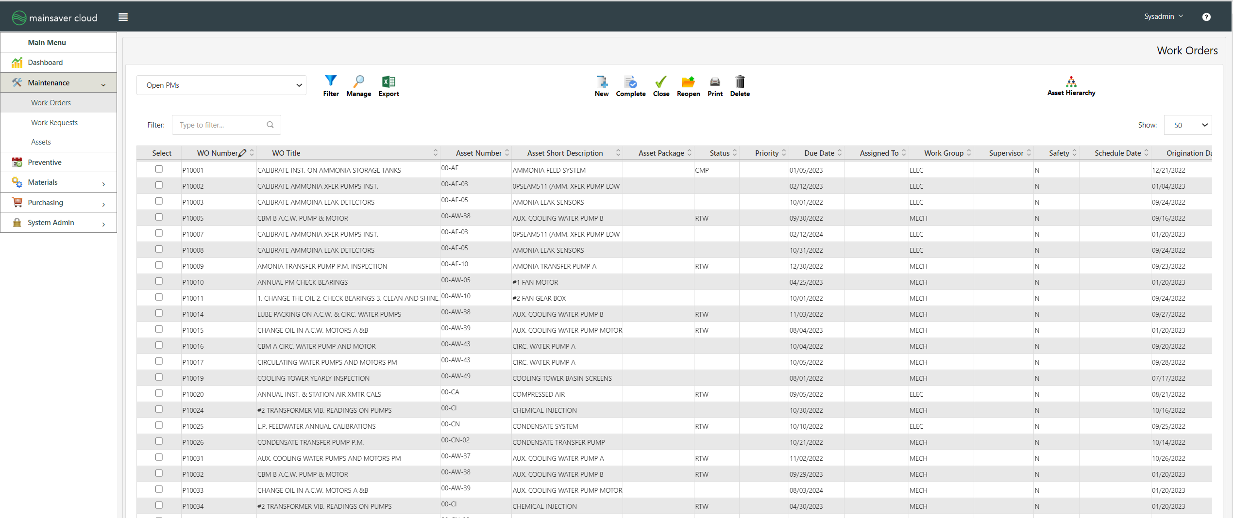 Mainsaver Cloud CMMS work order management screenshot. Get a comprehensive view of all maintenance work orders that you can access anywhere.