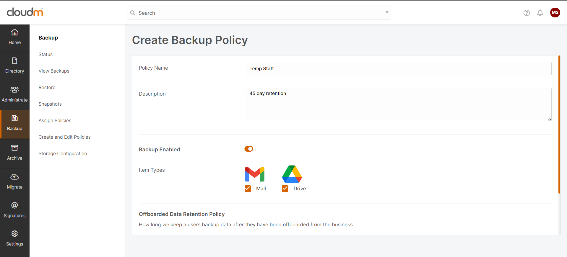 CloudM Backup backup policy creation