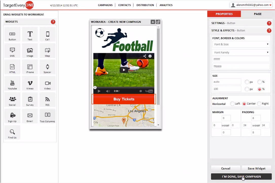 Add widgets like text, buttons, videos, email link, maps or calls to action