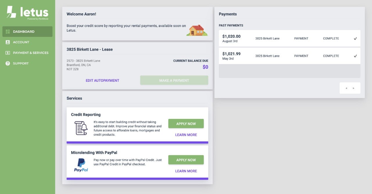 LetUs Software - RentMoola dashboard