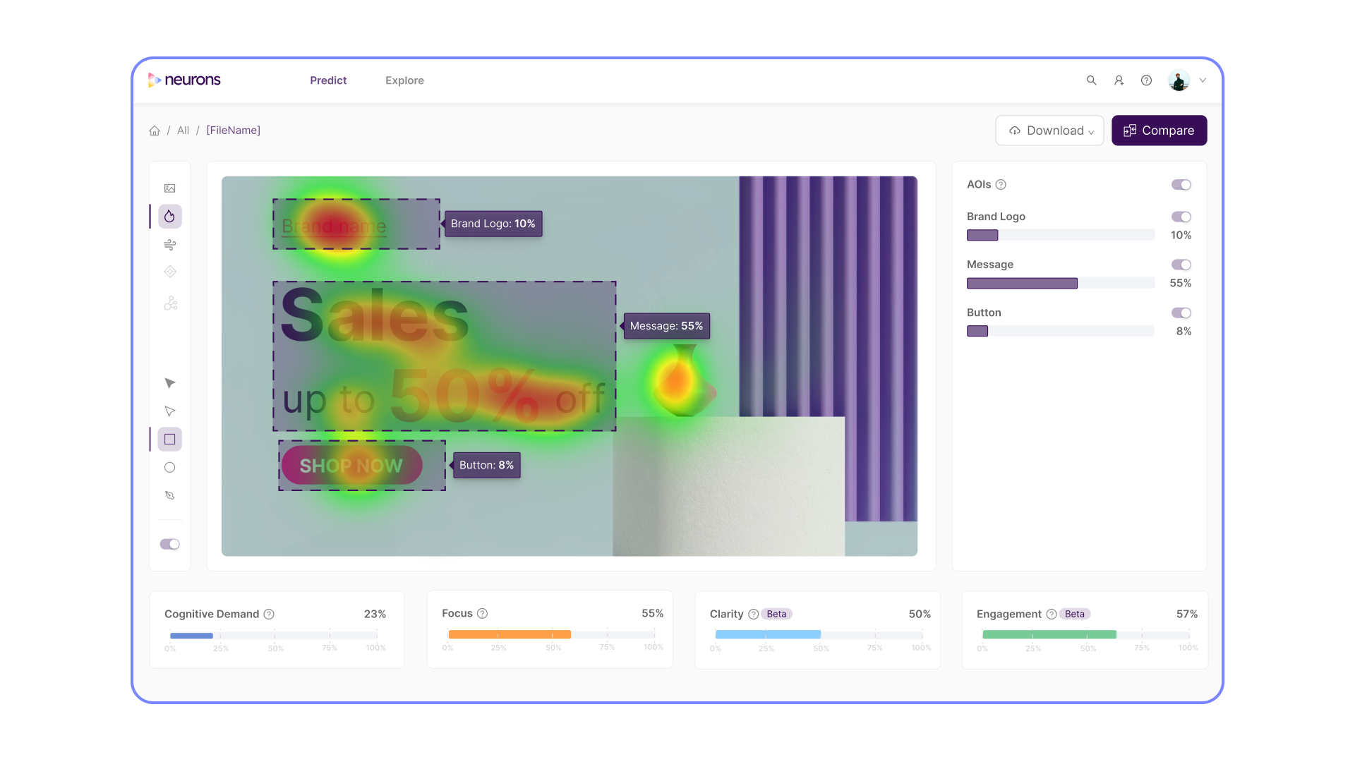 Neurons screenshot: Predict provides you with attention heatmaps instantly: images take seconds to analyze and videos take minutes. Additionally, you will get scores on Cognitive Demand, Focus, Clarity, and Engagement to help you optimize your creatives for peak performance.
