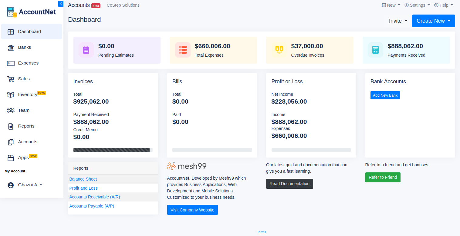 AccountNet screenshot: Dashboard with analytics