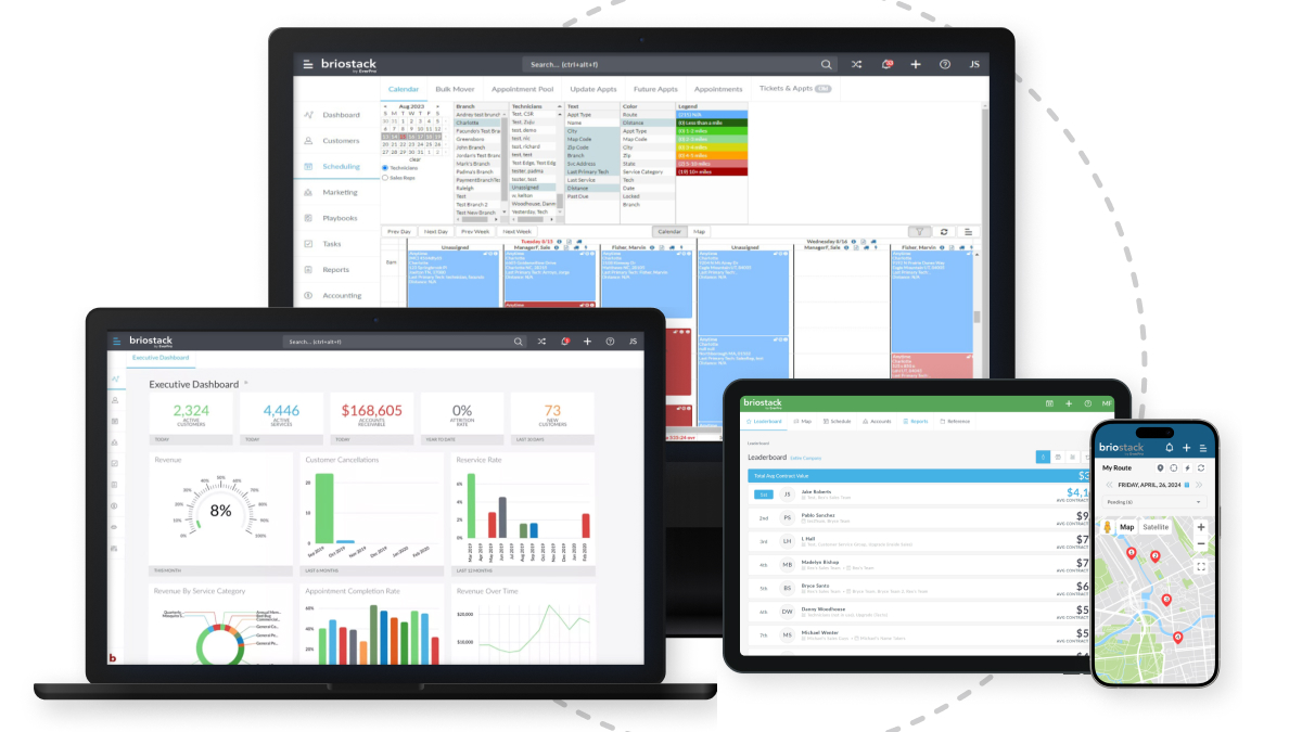 Briostack screenshot: Briostack offers a cloud-based pest control & lawn care software solution with cross-device support, giving technicians and customers access to automated management and account handling features.