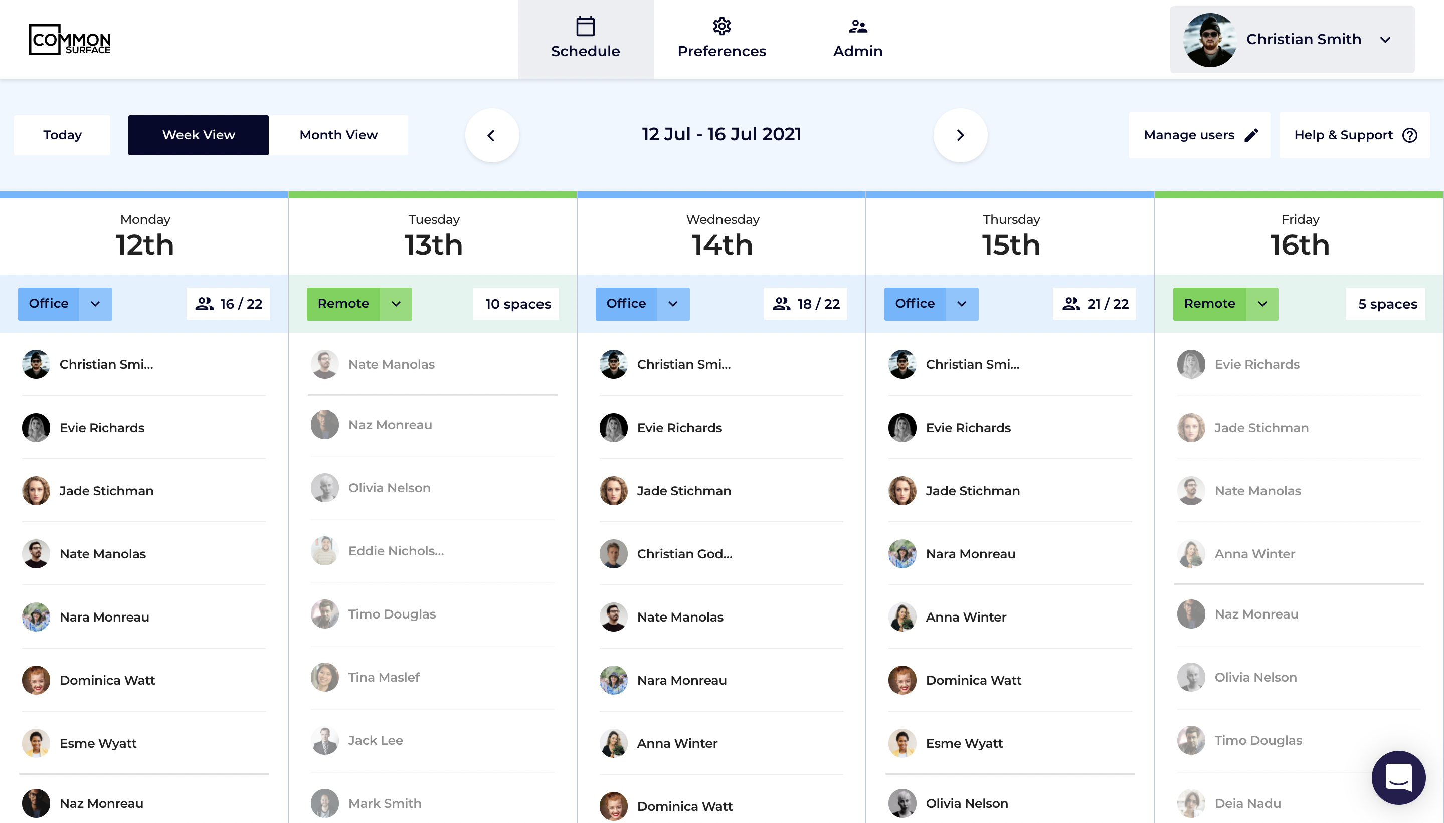 Common Surface generates a tailored interactive schedule for all employees, using their preferences, which shows them where they are working each day and provides visibility on who they are working with.