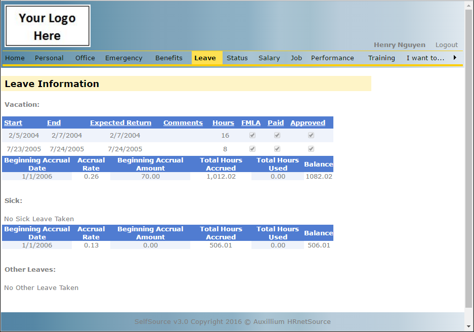 HRSource Software - Leave information