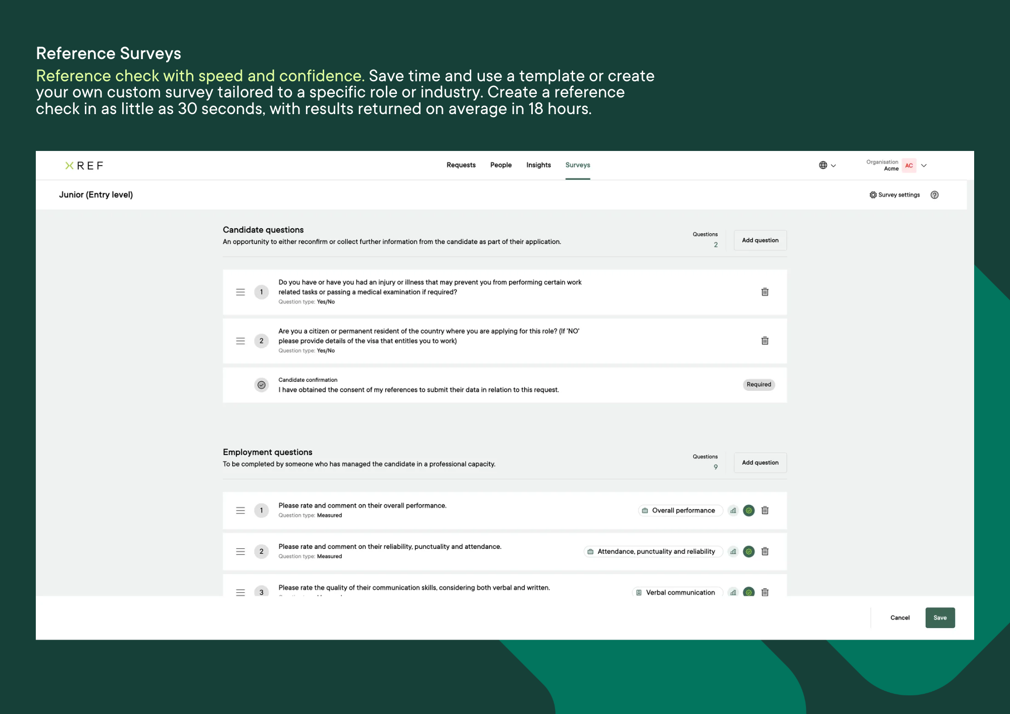 Xref Software - Screenshot of candidate and employment questions asked in an Xref reference check survey