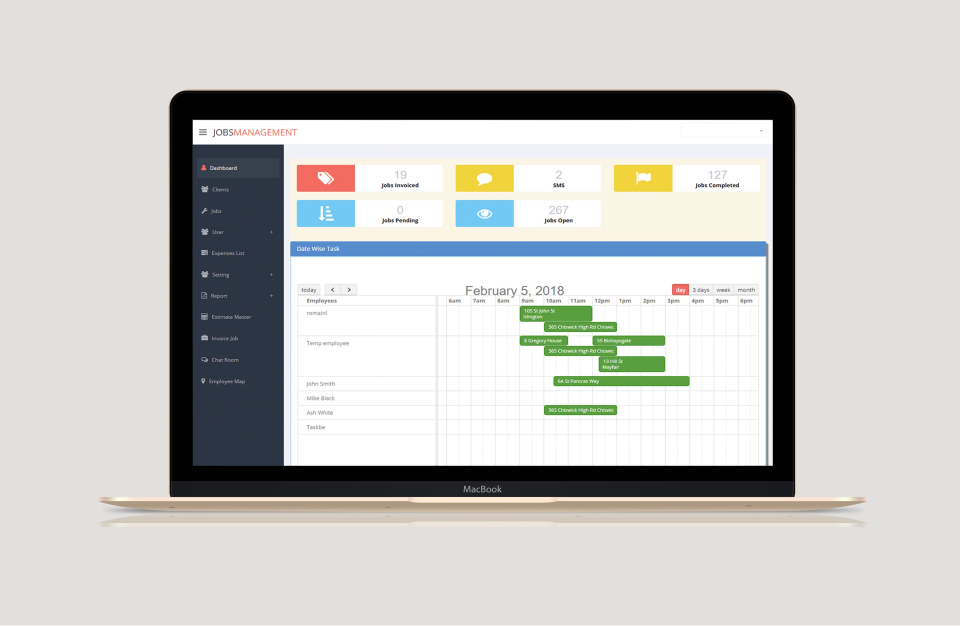 Taskbe screenshot: The dashboard displays upcoming jobs in a Gantt chart calendar format