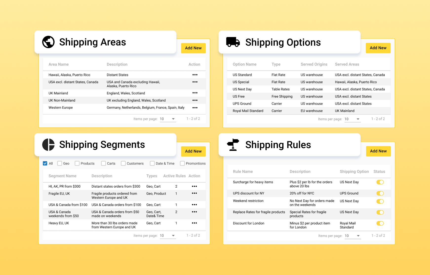Add shipping options, segments, areas and rules
