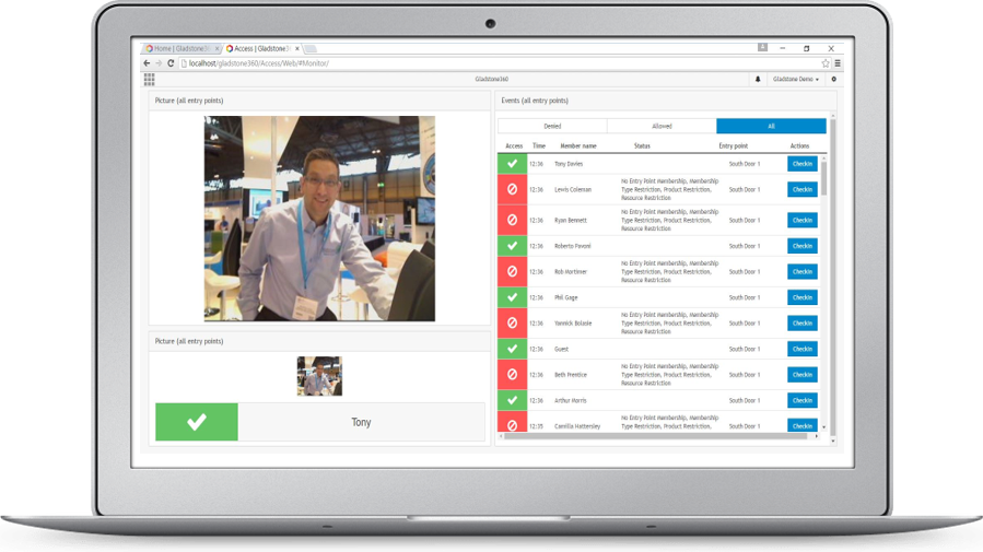 Gladstone screenshot: Control access within health clubs and leisure facilities with the check-in and check-out functionality