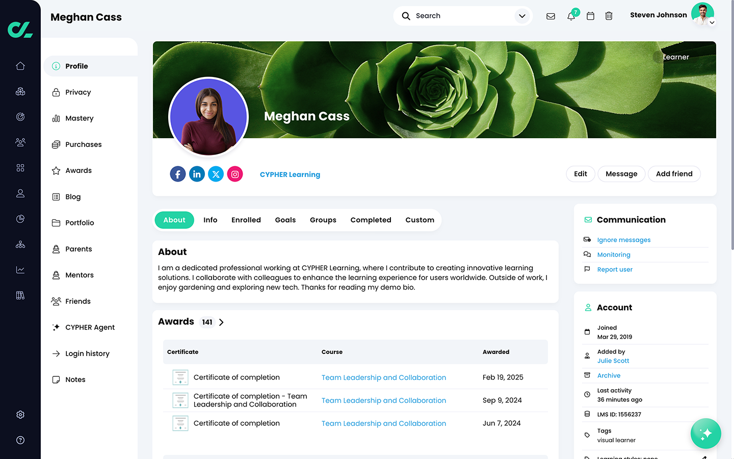 CYPHER Learning Software - Admin View Learner Profile