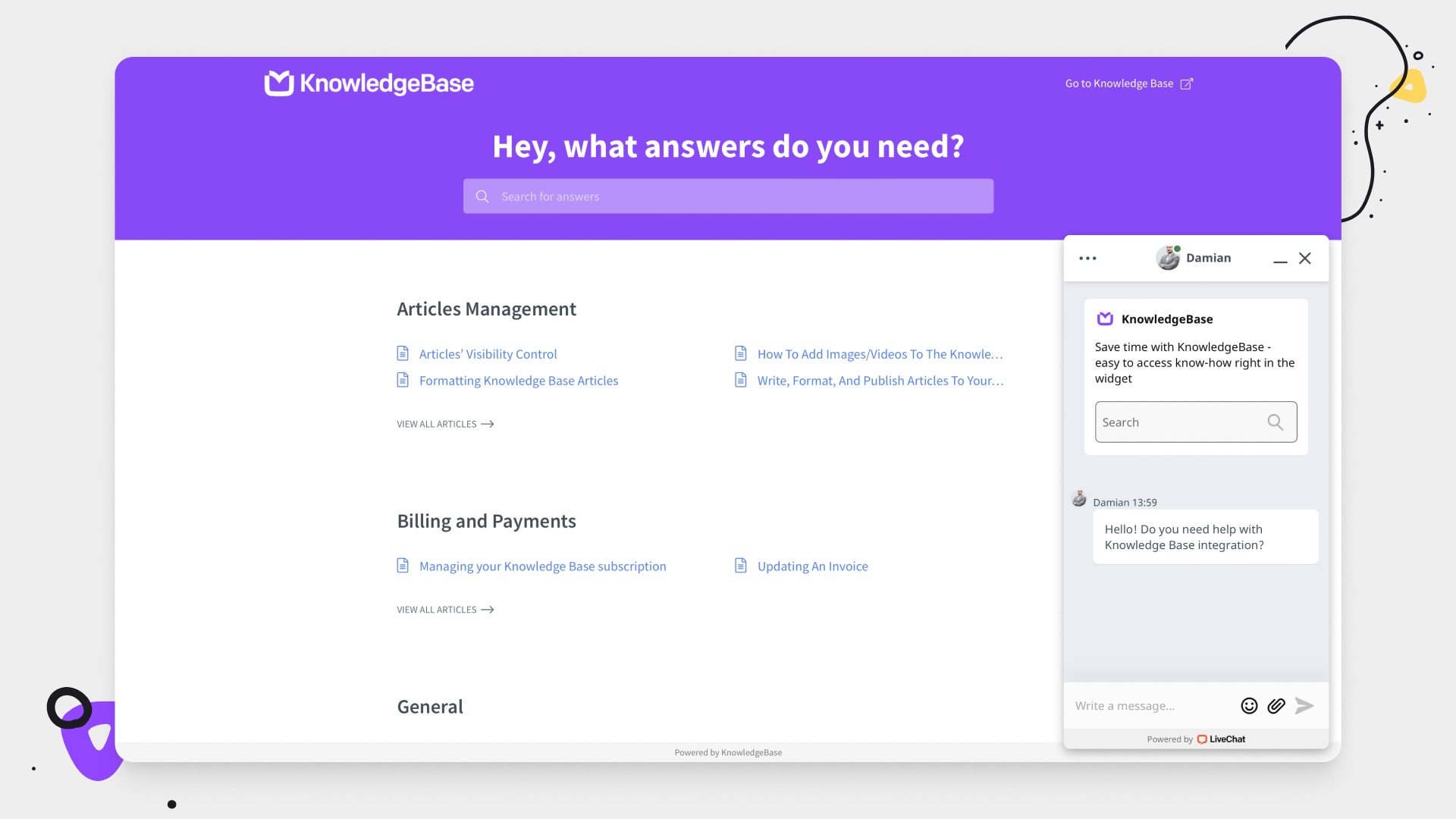 KnowledgeBase from the customer side + KnowledgeBase booster inside chat widget