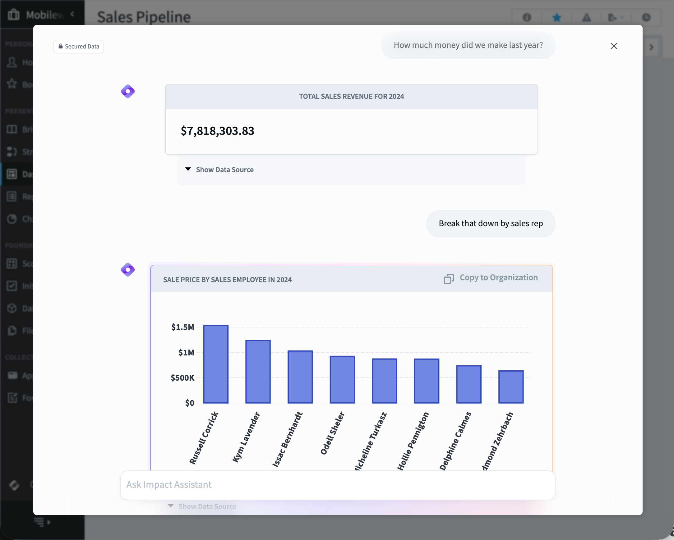 Spider Impact screenshot: Impact Assistant instantly answers questions in plain language, turning data into clear visual insights. In this example, a user asks for last year’s revenue, then breaks down by sales rep to reveal performance across the team.