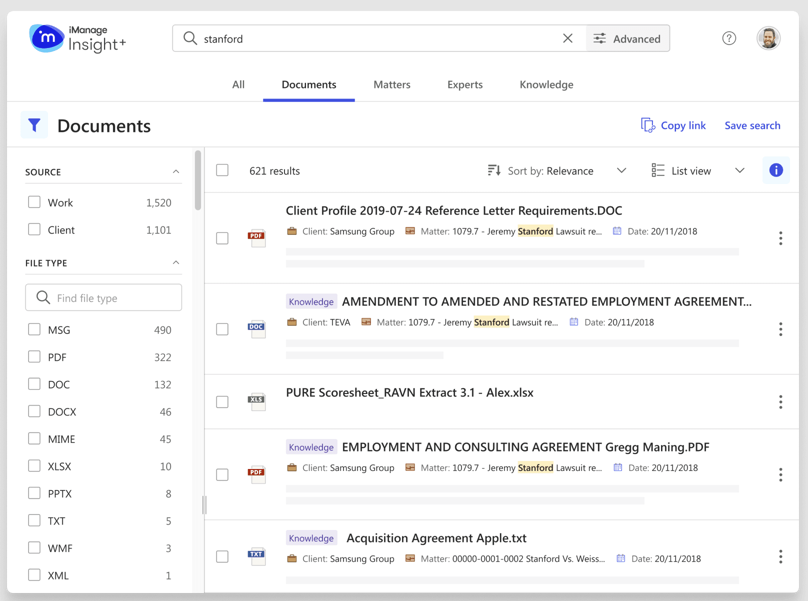 iManage Insight+ screenshot: Insight+ web app UX