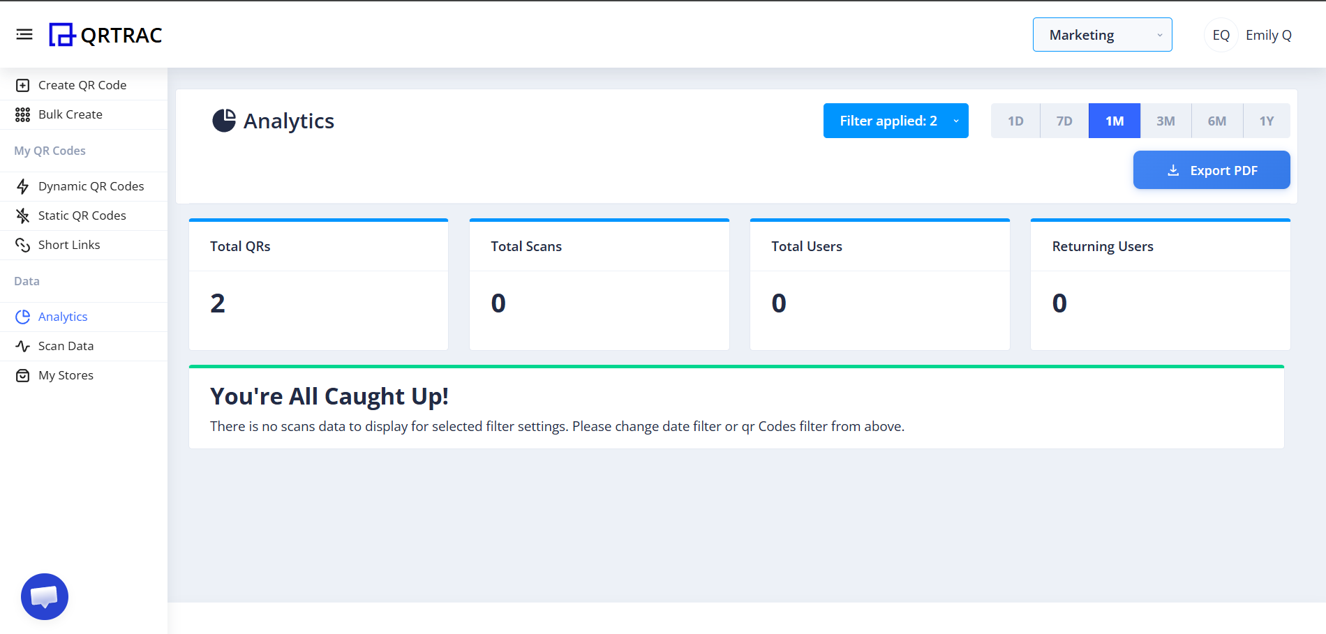 QRTRAC screenshot: QRTRAC analytics displaying scan activity and performance insights