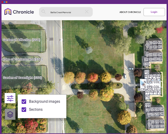 Chronicle screenshot: Our digital cemetery mapping process and technology (aerial and grave coordinate survey) guarantees 99% accuracy in cemetery record and mapping.