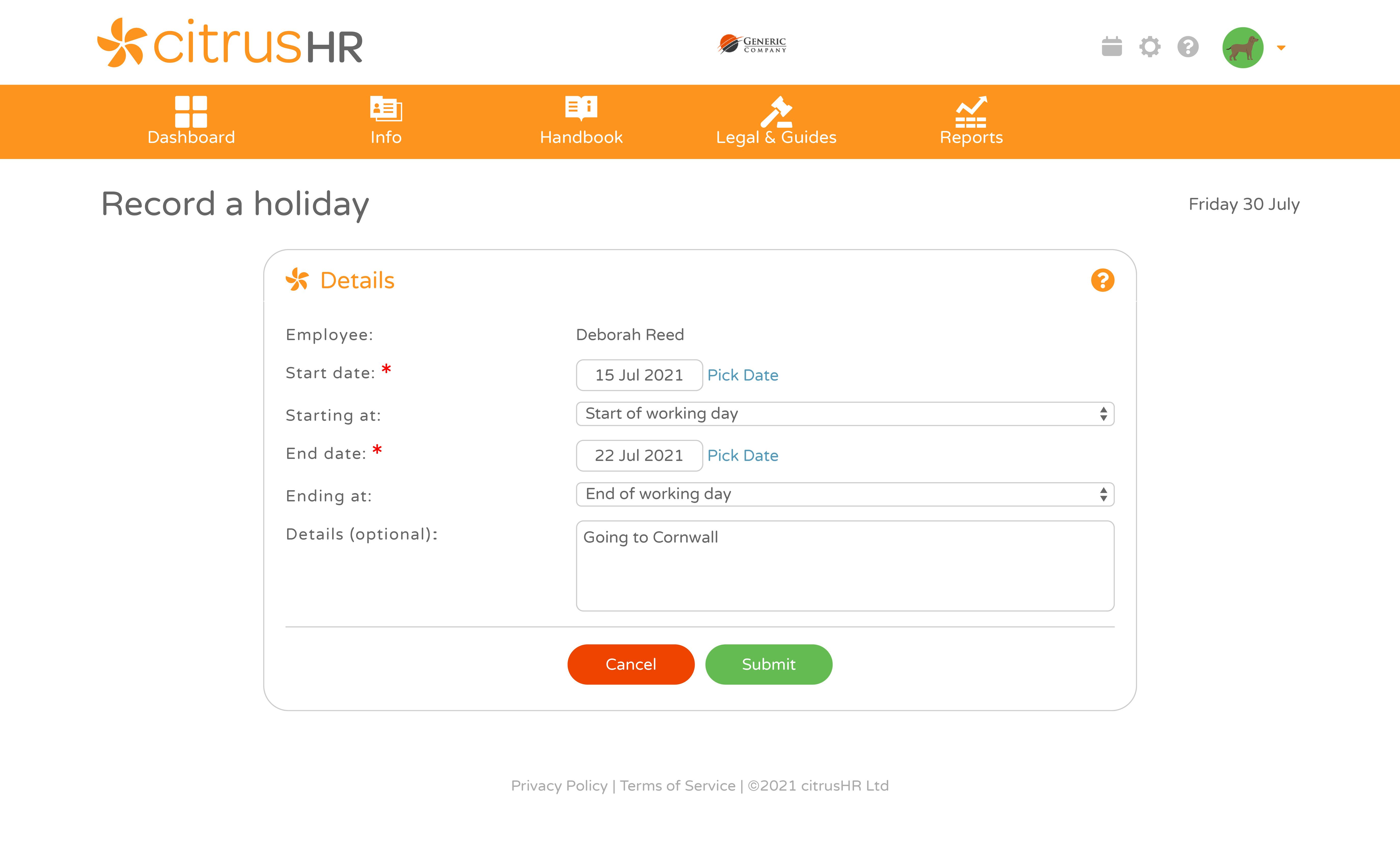 citrusHR Software - Simple holiday request form