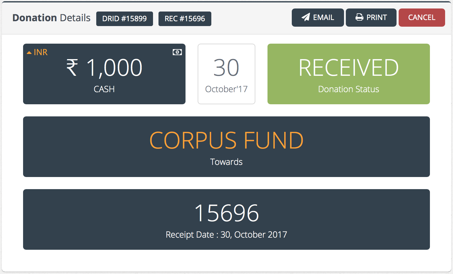 CharityERP donation details screenshot