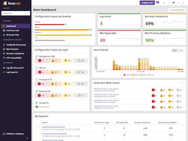 Runecast Analyzer screenshot: Runecast Analyzer Main Dashboard