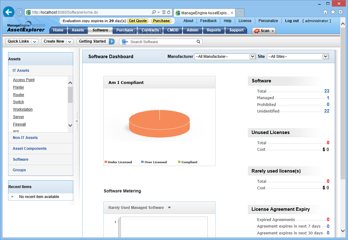 ManageEngine AssetExplorer Software - ManageEngine AssetExplorer software dashboard