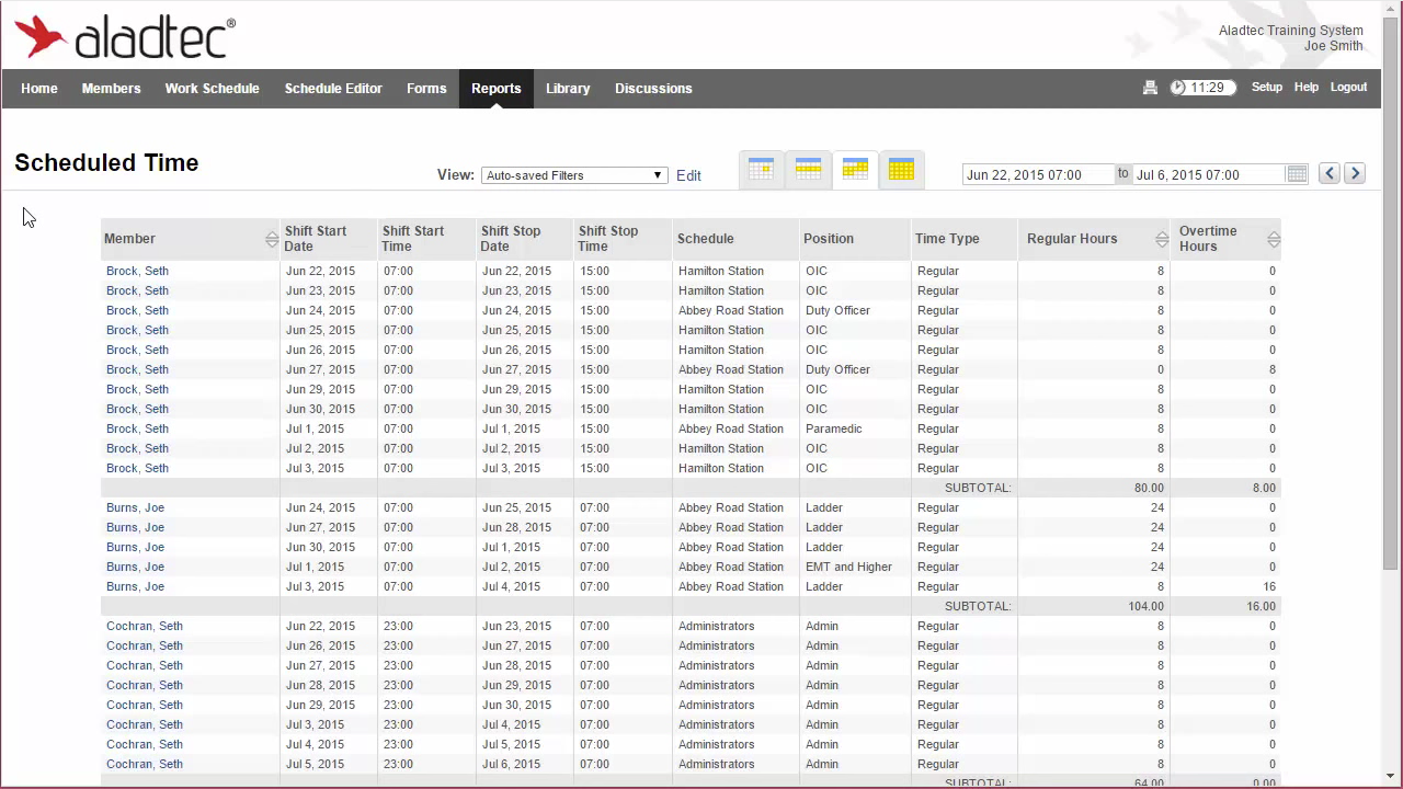 Aladtec Software - With Aladtec, users can view detailed reports on each member including hours worked and location