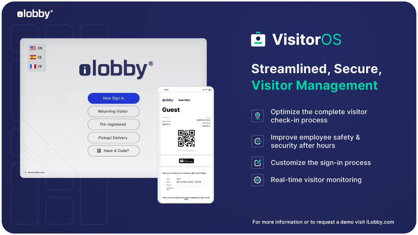 iLobby Software - Visitor Management Solution - Built specifically for enterprises with mission-critical facilities and infrastructure, VisitorOS improves workplace safety, security, and compliance through automation and people-powered support.