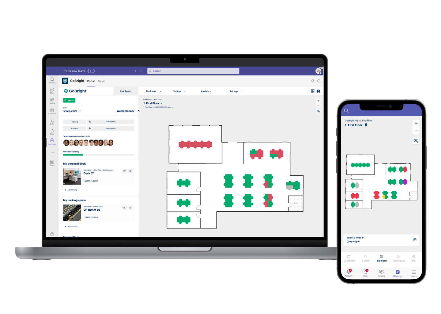 GoBright screenshot: Book desks, view colleagues' whereabouts, and analyse occupancy reports all within your Teams or Outlook environment.