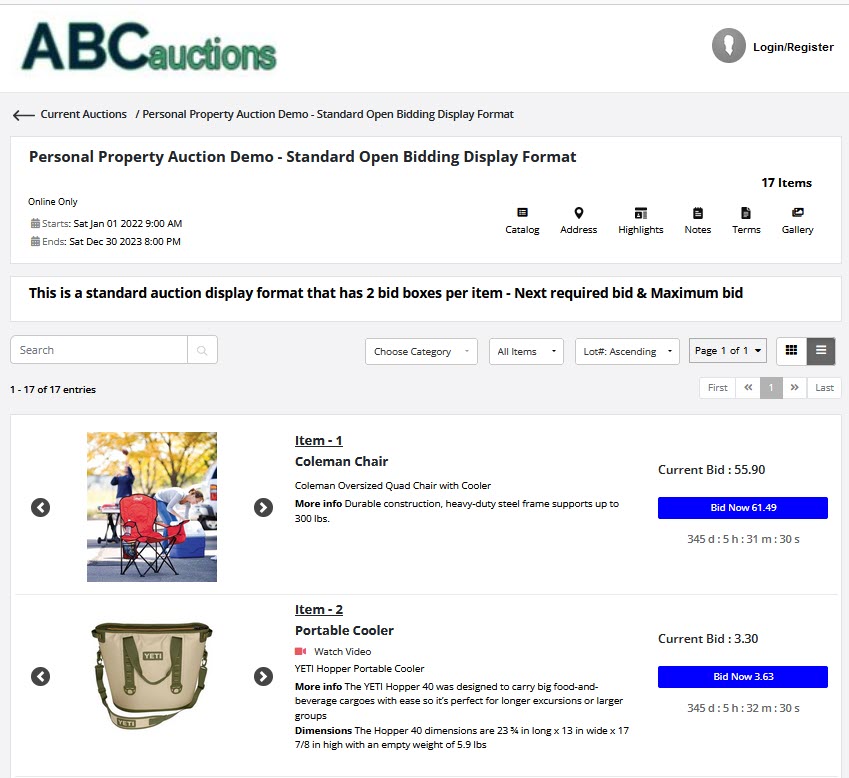 Maxanet screenshot: Easily build a clear, bright auction that includes multiple images and videos that attract bidders. Various auction types are available, including traditional Open Bidding, Buy It Now, Maximum Bidding, Price List and Hidden Bidding.