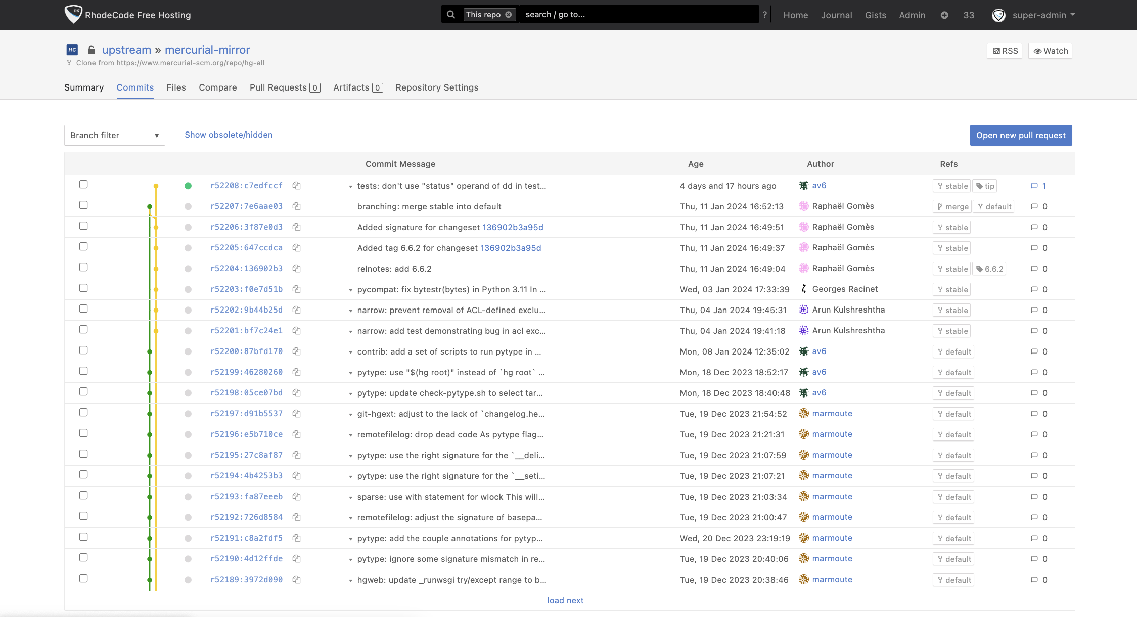 RhodeCode Software - Easily track progress and updates with the changelog. The additional graphical log visualizes heads and merges in an intuitive way.