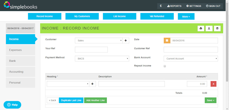 GoSimple Software screenshot: Easily record income