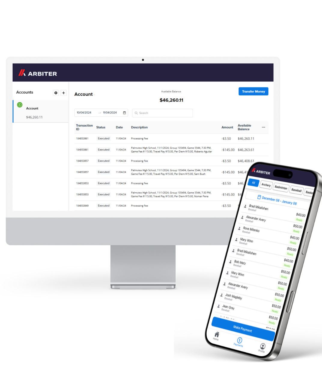Arbiter Pay screenshot: Arbiter Pay’s desktop and easy-to-use mobile app. The desktop screen displays an account balance, transaction history, and payout details, while the mobile app shows recent payments to officials with clear amounts and a button to make new payments.
