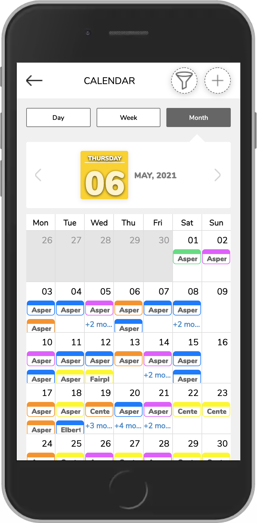 Colour-coding provides a comprehensive overview of each horse's Activities. View by month, week, or day, and Filter by horse, Activity Type, and Sub-Activity Type