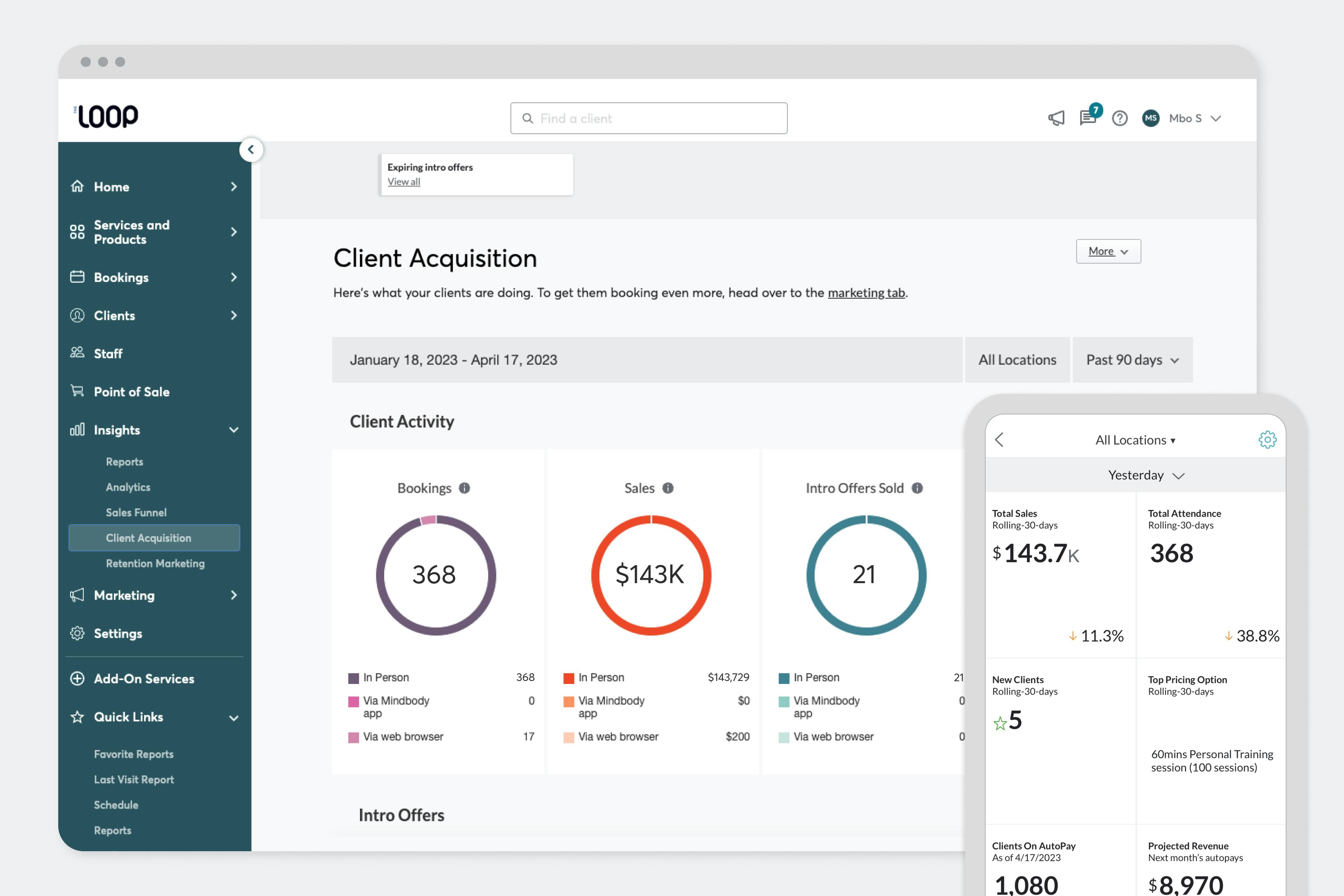 Mindbody Software - The Client Acquisition dashboard gives you a snapshot of your sales and client activity and lets you manage your promoted offers. Figures are updated daily, so your information is as accurate as possible.