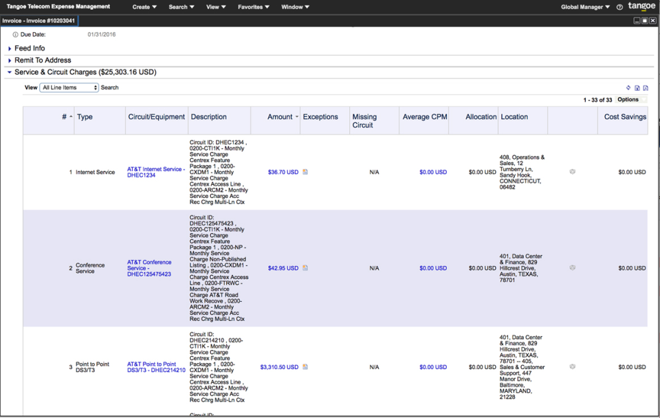 Tangoe TEM Software - Tangoe TEM - invoicing