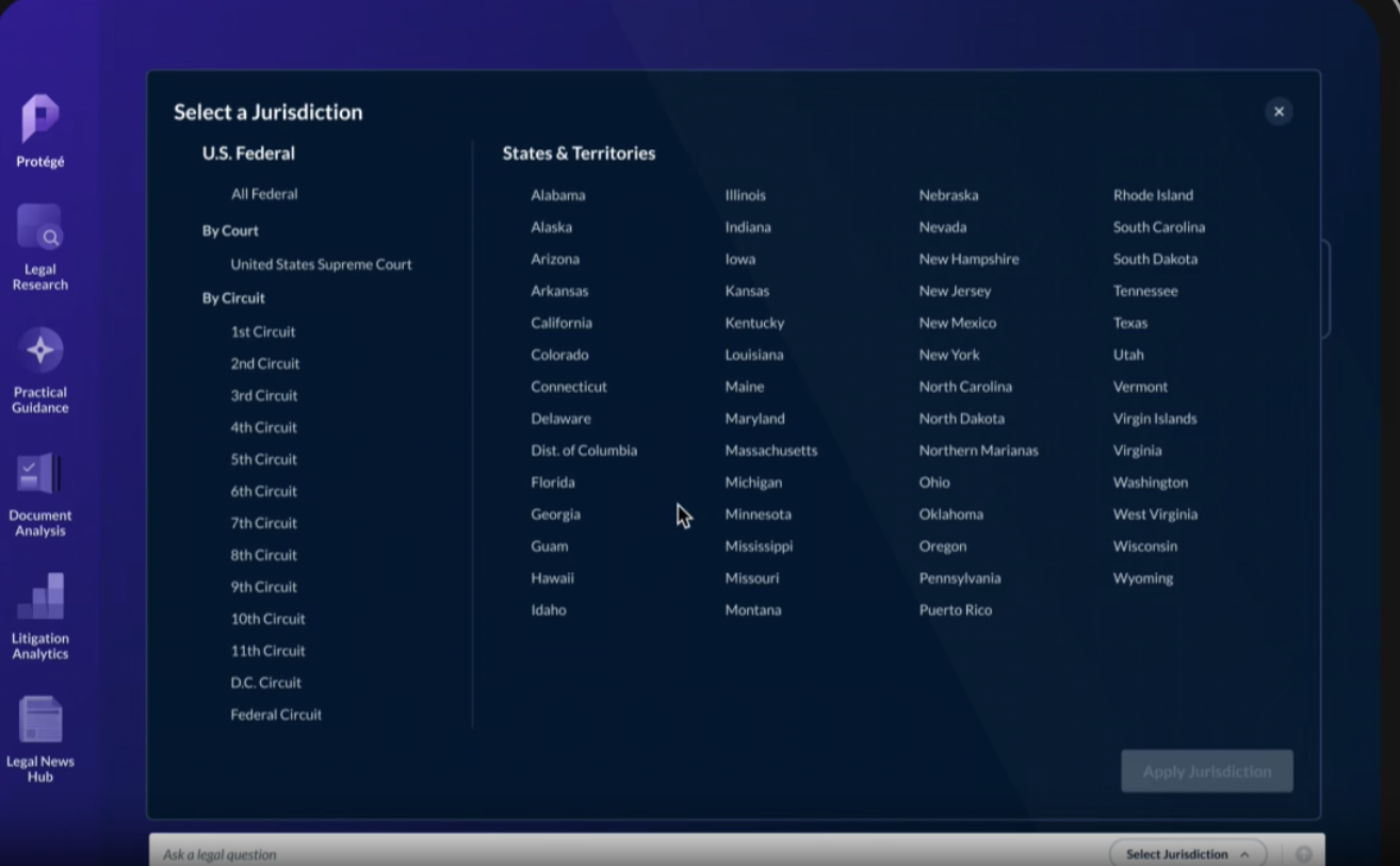 Lexis+ AI screenshot: Lexis+ AI select a jurisdiction