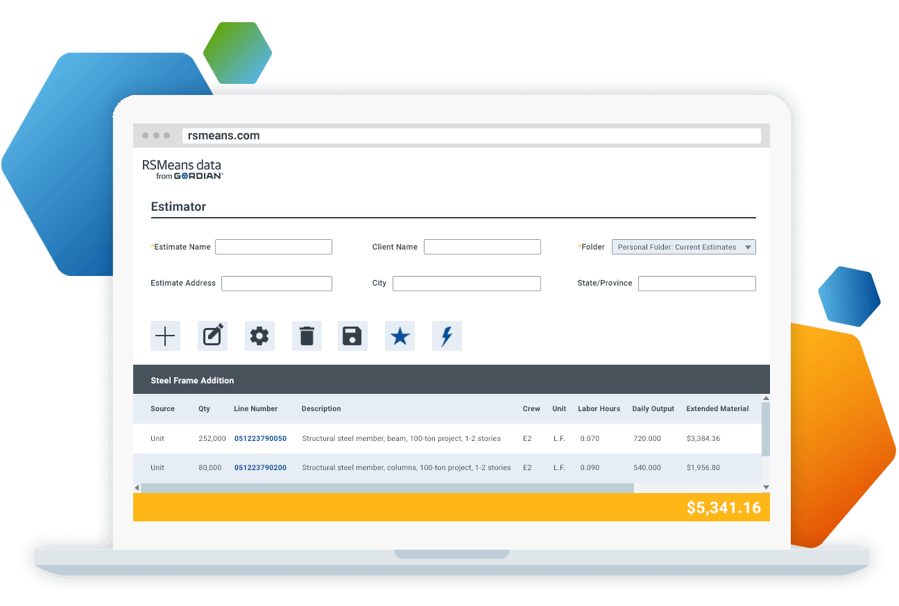 RSMeans Data Online Software - The basic estimating tool allows you to quickly add, edit and share your price proposals. Access material, labor and equipment costs for each line item and adjust quantities as needed.