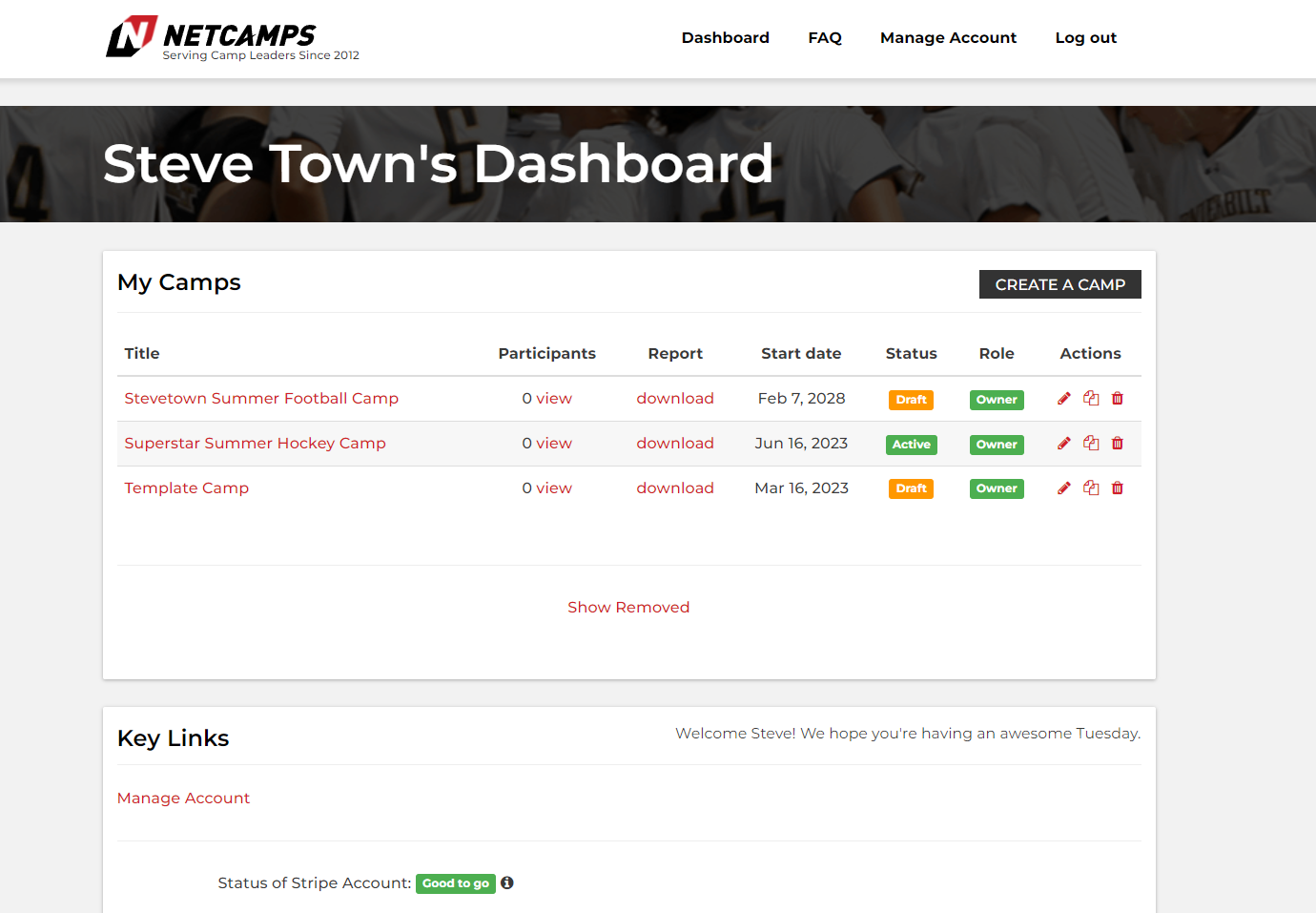 User Dashboard. Contains list of all active and prior camps, registration counts, as well as action buttons to download reports and edit camps.
