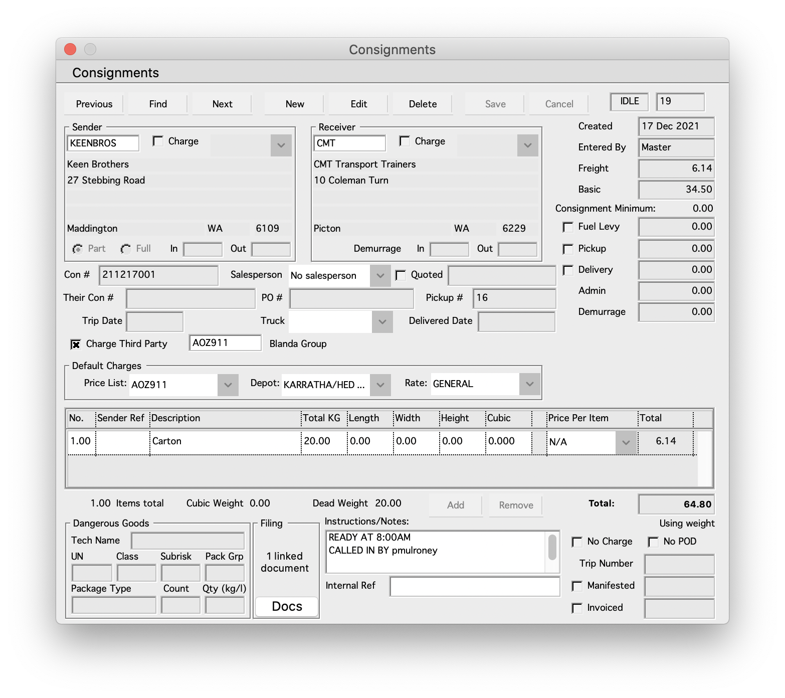 ConNote Software - Consignment data entry mimics the paper consignment note to simplify data entry