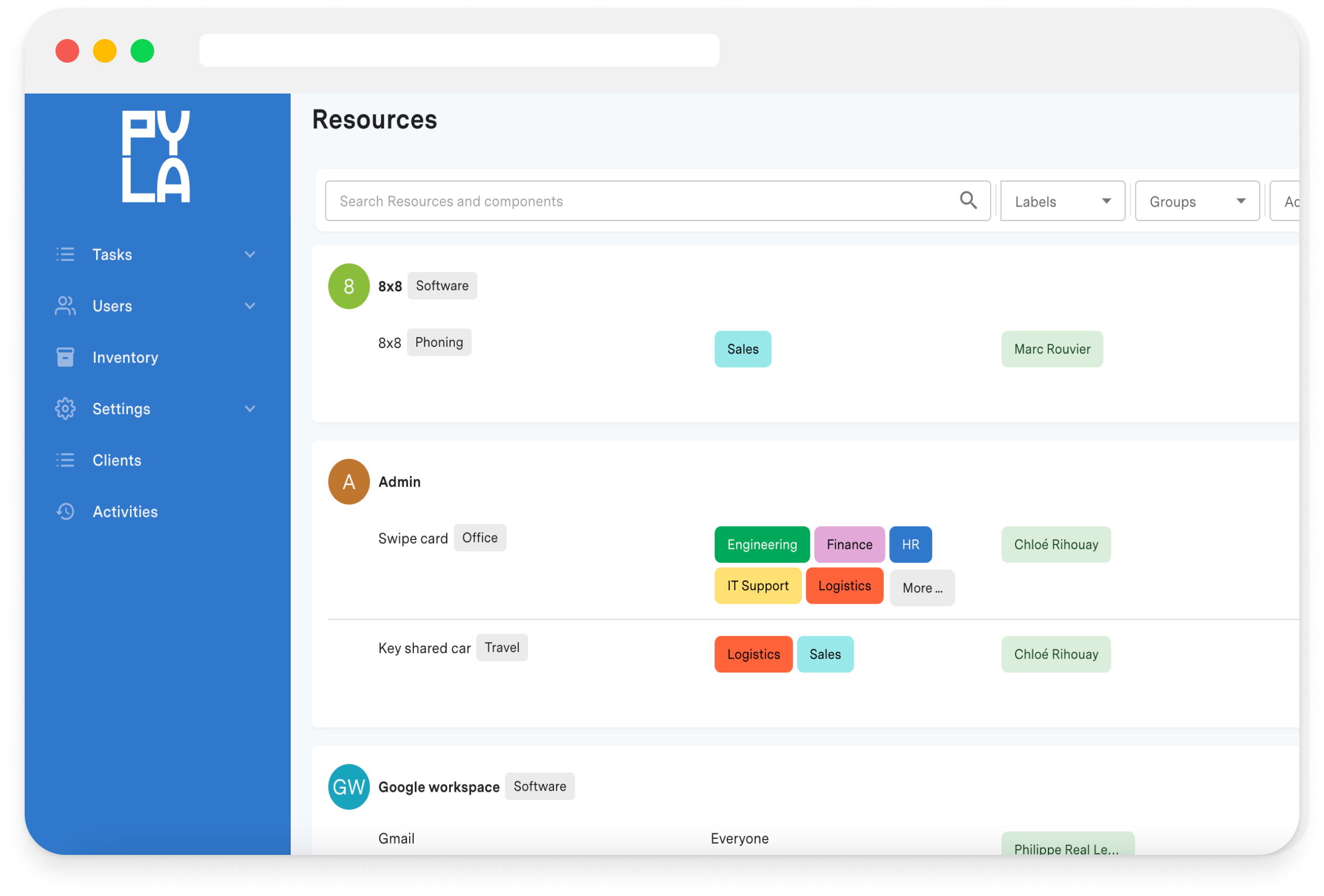 Pyla screenshot: Resources assigned to employees. View in Pyla