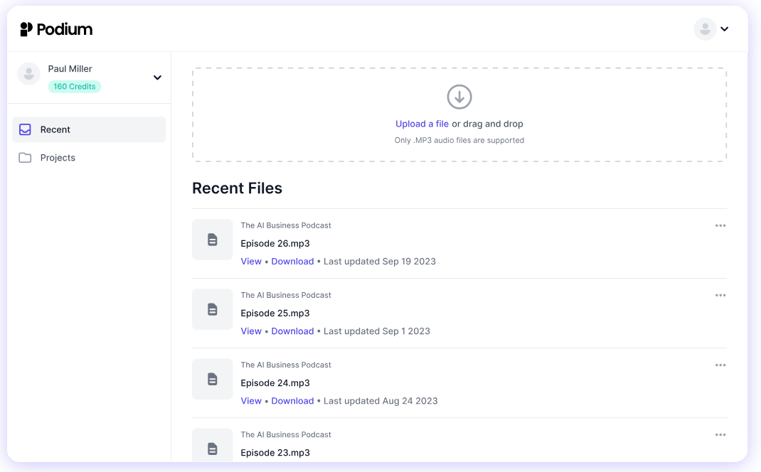 Podium screenshot: Podium file upload