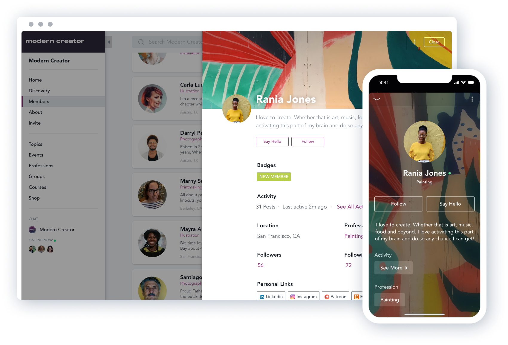 Members can create beautifully detailed profiles and can connect with each other based on relevant interests and categories. They can also direct message each other.
