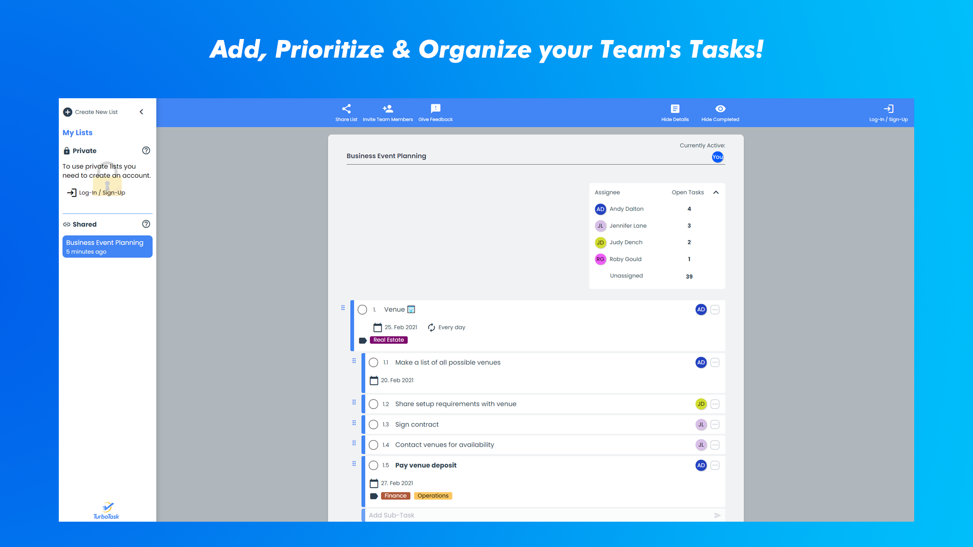 Add, Prioritize & Organize your Team's Tasks!