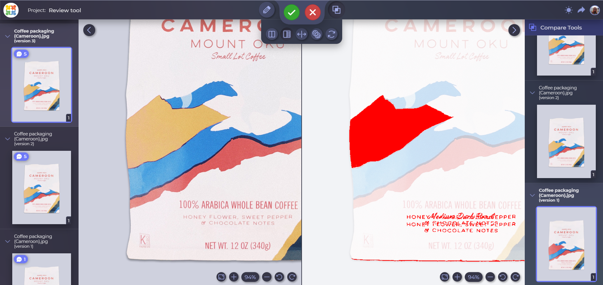Use Compare Modes to detect even the smallest differences between assets. Choose from one of four modes (Side by Side, Side by Side with Difference, Fader, and Toggle) to make sure you never miss an element in any asset.