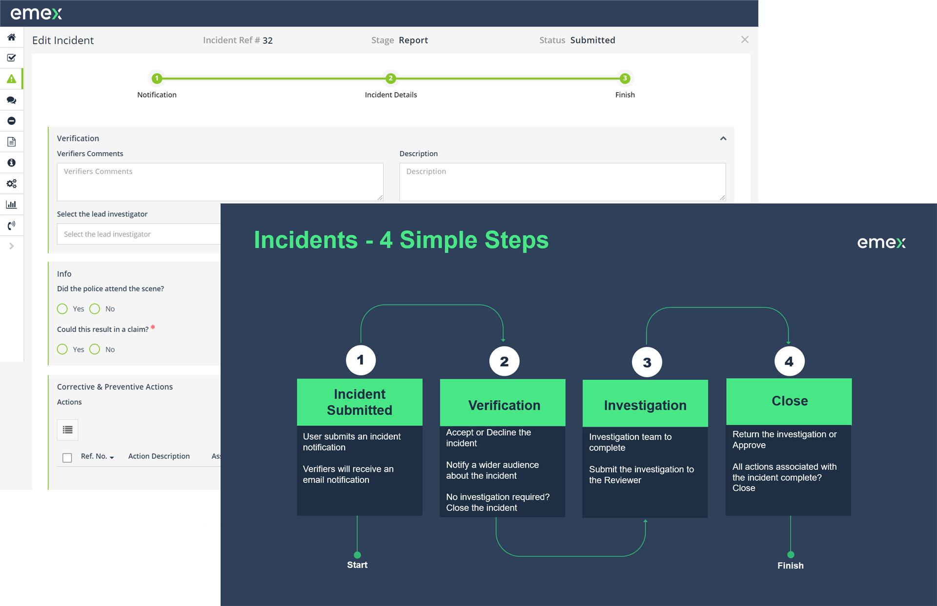 Emex EHS & ESG Software Software - Manage incident lifecycle from open through to close out to ensure everything is completed from start to finish.