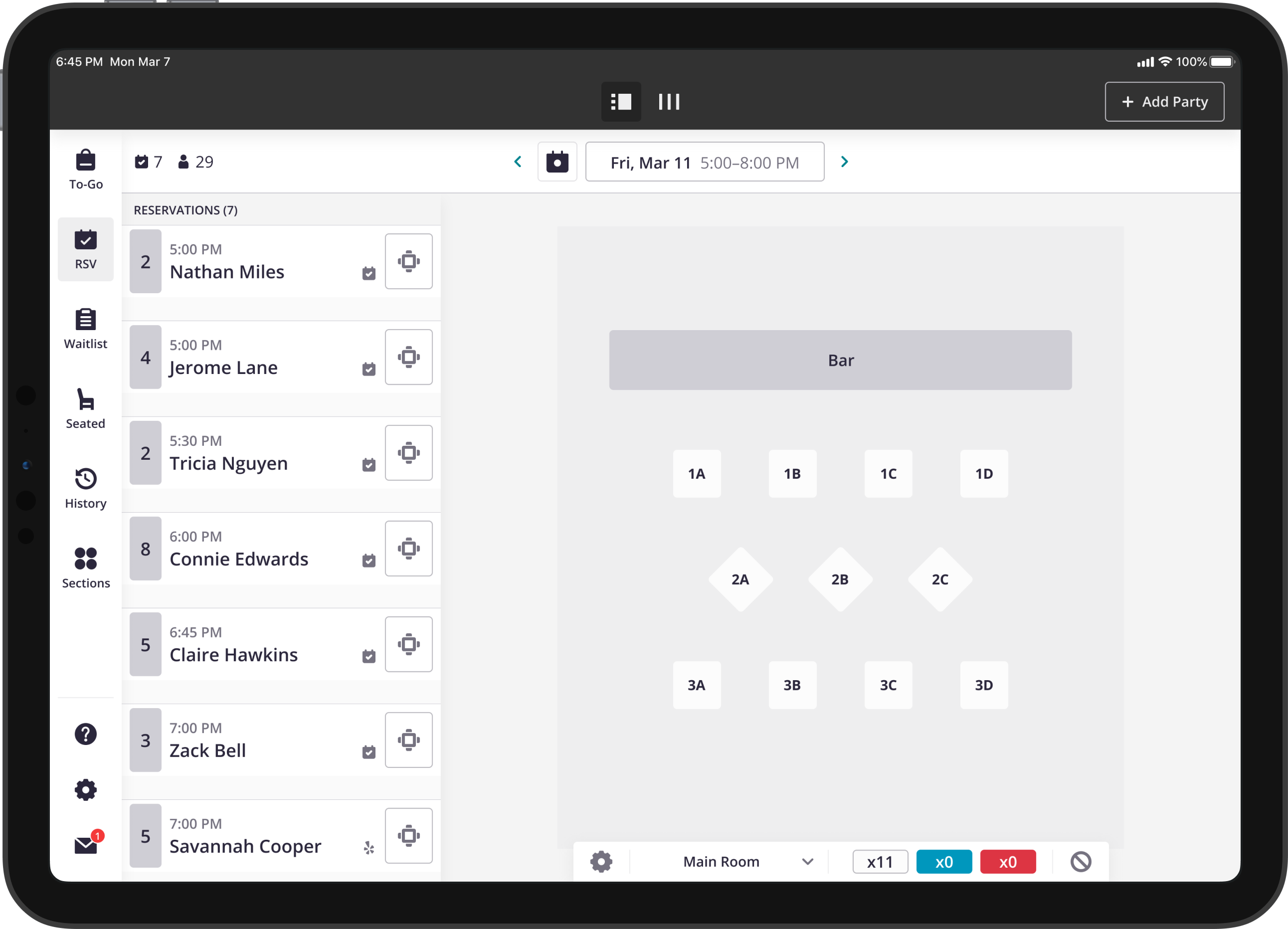 Yelp Guest Manager screenshot: Have a large party coming up next week? Assign upcoming reservations and block tables days in advance, so you can prepare to staff up for the shifts ahead.