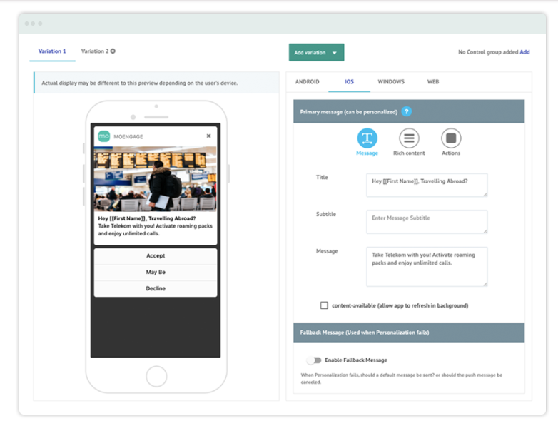 Use the WYSIWYG editor to build interactive push notifications to engage audiences via mobile