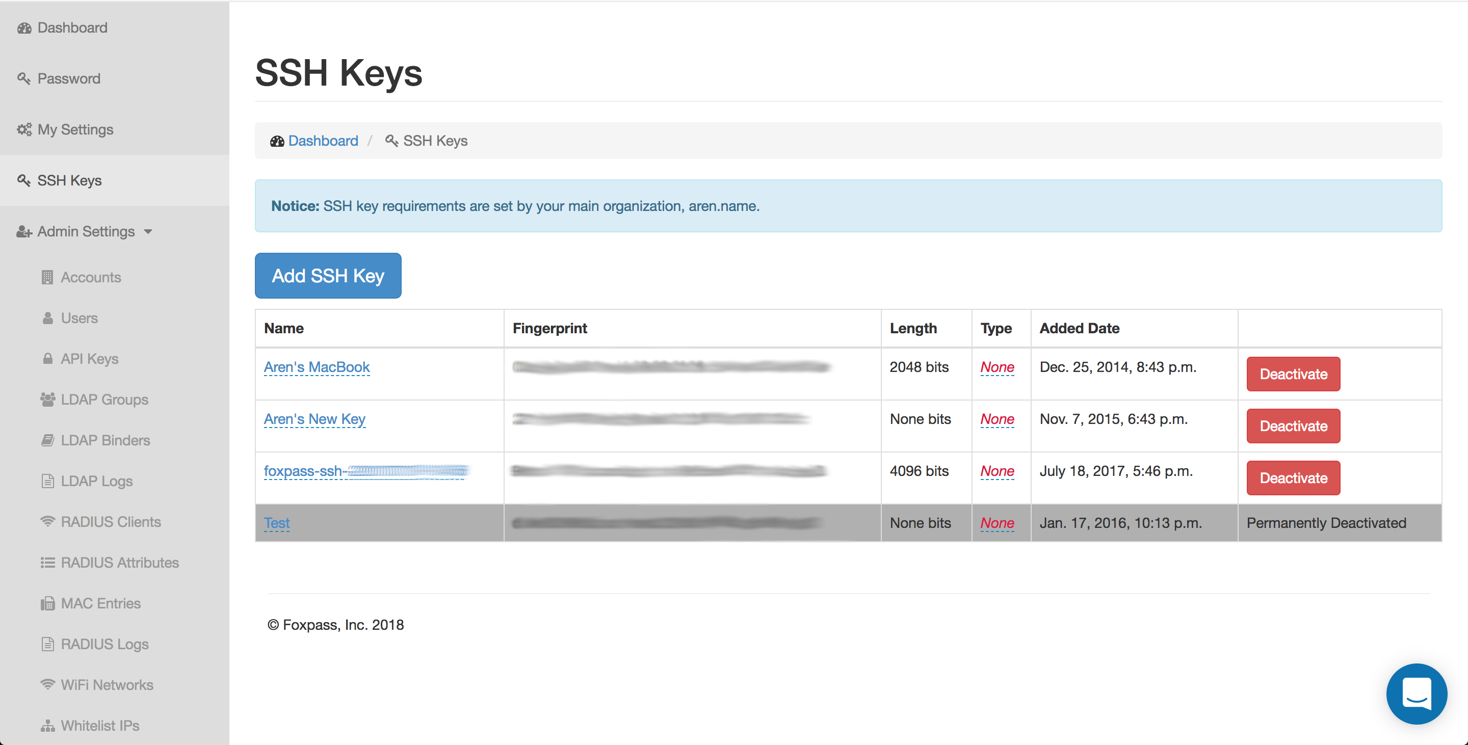 Foxpass SSH keys screenshot